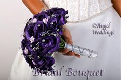 a bridal bouquet with purple flowers in the bride's hand is featured against a white background