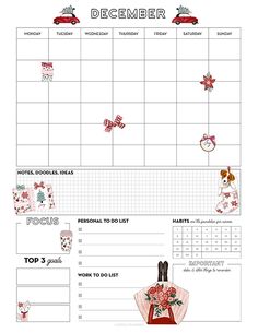 a printable christmas planner is shown in red and white, with decorations on it