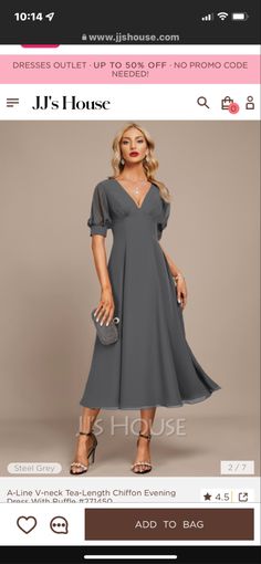 a woman wearing a gray dress and heels on the front page of a shop website