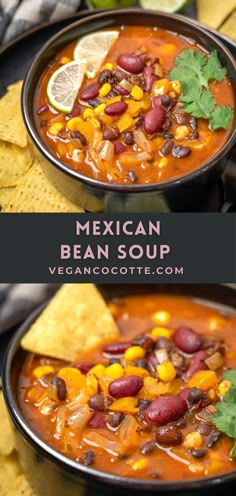 mexican bean soup in a bowl with tortilla chips