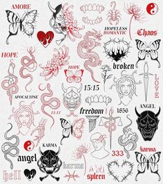 an assortment of tattoo designs on a white paper with red ink and black lettering,