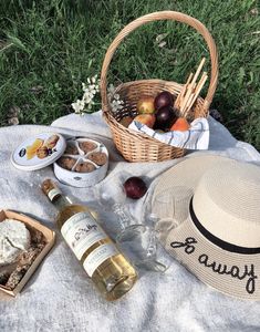 an image of a picnic setting with food and wine on the blanket in the grass