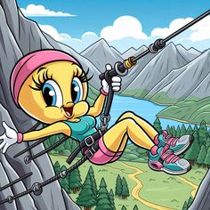 a cartoon character is climbing up a mountain with her hands in the air and holding on to ropes