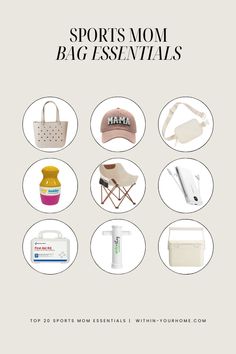 the sports mom bag essentials list is shown in white and has various items on it