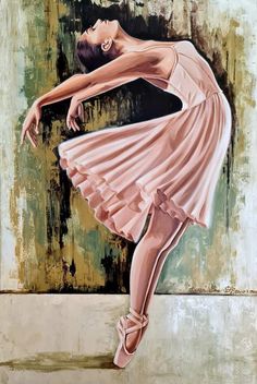 a painting of a ballerina in pink dress with her arms stretched out to the side