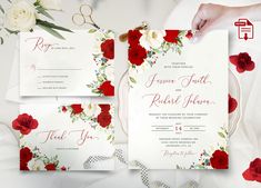 wedding stationery with red and white flowers