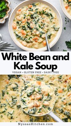 white bean and kale soup in a bowl with spoons