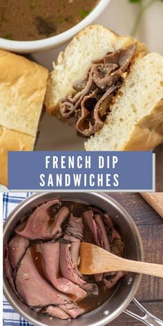 french dip sandwiches with meat in a pot