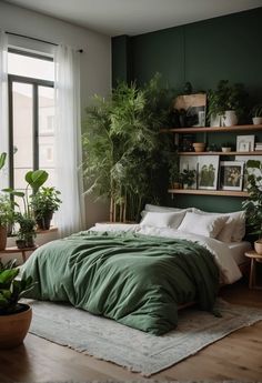 a bedroom with green walls and plants in the corner