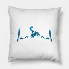 a white pillow with a blue graphic of a person riding a motorcycle on a heartbeat line