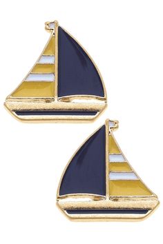 Penny Enamel Sailboat Stud Earrings in Yellow & Navy - Canvas Style England Coast, New England Coast, Color Combination, Navy White, Base Metal, Gold Plating, White Color, Navy And White, New England