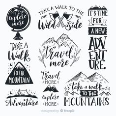 hand drawn lettering set with mountains, trees and other things to describe on the page