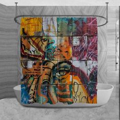 the shower curtain is decorated with many colorful images on it's sides and features graffiti