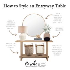 an entryway table with baskets and a mirror on it, labeled how to style an entryway table