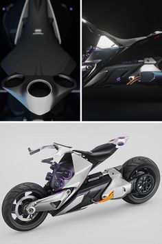 the futuristic motorcycle is shown in three different angles