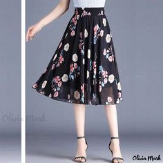 Olivia Mark - Floral Chiffon Midi Skirt with High Waist and Flowy Hemline Small Floral Print Dress, Petite Midi Skirt, Chiffon Midi Skirt, Skirt Petite, Sheer Maxi Skirt, Floral Print Midi Skirt, Floral Pattern Dress, Womens Long Dresses, Flowy Design