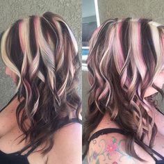 Black Hair With Pink And Blonde Highlights, Split Dye Highlights, Pink And Blonde Skunk Hair, Chunky Streaks Hair, Black Pink And Blonde Hair, Colored Chunky Highlights, Blonde Pink And Black Hair