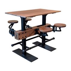 a wooden table with three stools and a bench underneath it on black metal bases