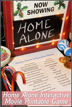 a sign that says home alone interactive movie printable game with candy canes and candies