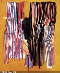 an abstract painting with stripes and lines on it's side, in yellow background