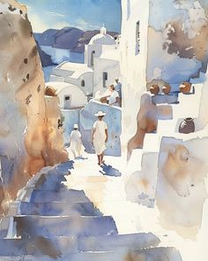 watercolor painting of two people walking down the stairs in front of white buildings and blue sky