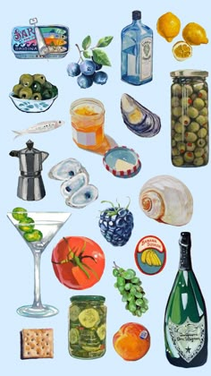 a painting of various types of food and drinks on a blue background, including olives