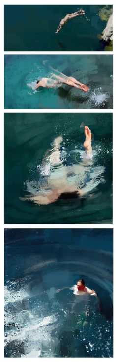 three different images of people swimming in the ocean together, one is floating on his back