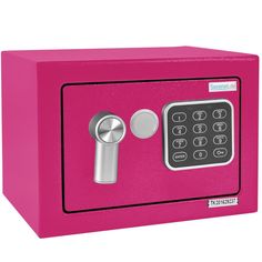 a pink safe box with a combination lock on the front and side door open to reveal an electronic keypad