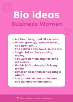 a pink poster with the words bio ideas for business women