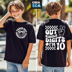 two photos of a young boy wearing a black t - shirt that says out single digits