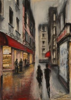 a painting of two people walking down the street