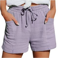 Women Summer Drawstring Elastic Waist Casual Solid Shorts Short Pants Features: 1.Features:Casual Shorts,Elastic Waist,Pocket,Lacing,Casual and Comfortable,Trend and Fashion design,Casual Pants,Summer Shorts. 2.Material:Polyester. Made from high quality fabric,lightweight soft and comfortable. 3.Style:Fashion and casual Elastic Waist Shorts, Leisure Comfortable,Perfect for home wear or sleep wear as pajamas pants, lounging around or outdoor activities. 4.Occasion:Casual,Beach,Sleepwear,Birthday, Loose Fitting Pants, Elastic Shorts, Hot Shorts, Weave Style, Color Shorts, Aaliyah, Linen Shorts, Look Casual, Casual Style Outfits