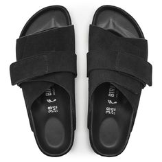 Kyoto Suede Leather Black Leather Double Strap Footbed Sandals, Black Double Strap Footbed Sandals With Leather Sole, Black Leather Slide Footbed Sandals, Leather Slide Slippers With Buckle, Leather Slide Slippers With Buckle Closure, Leather Open Toe Slippers With Buckle Closure, Suede Double Strap Slides With Removable Insole, Suede Slides With Removable Insole And Double Strap, Black Suede Slides With Cushioned Footbed