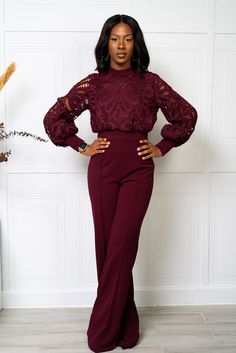 Burgundy long sleeve crochet top jumpsuit. 95% Polyester 5% Spandex Model is wearing a small Burgundy Outfits For Women, Burgundy Top Outfit, Long Sleeve Crochet Top, Sleeve Crochet Top, Long Sleeve Crochet, Burgundy Jumpsuit, Burgundy Outfit, Velvet Jumpsuit, Sleeve Crochet