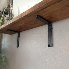 two black brackets are attached to the wall above a shelf with a potted plant