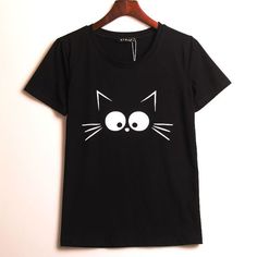 Cute Black Cat, Black Cat Print, T Shirt Painting, Cartoon T Shirt, Kawaii Cartoon, Cute Black Cats, Cat Tee, Cartoon T Shirts