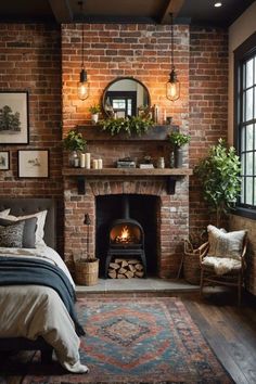 Mountain House Decor, Barn Remodel, Country Cottage Farmhouse, Wood Stove Fireplace, Boho Bedroom Ideas, Bedroom Fireplace, Corner Fireplace, Cottage Farmhouse, Fireplace Makeover