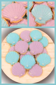 there are some cookies decorated like seashells on the plate and in the middle