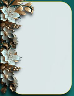 a white paper with gold and silver flowers on it's border, next to a green background