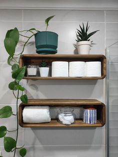 two wooden shelves holding toilet paper and plants