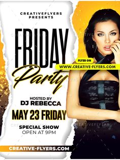 a flyer for a party with an image of a woman in black dress and yellow background