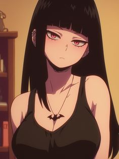 an anime character with red eyes and black hair wearing a tank top, standing in front of a bookshelf