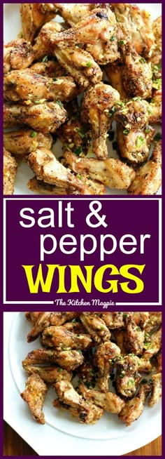 salt and pepper wings on a white plate with the title above it reads salt and pepper wings