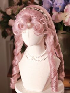 Elegant Lolita Roman Curly Wig.  This wig features a Roman curls design, with each curl meticulously crafted from individual strands of hair, varying in length to create a more layered and natural look. The side-parted curly bangs further enhance and flatter the face shape.  The price includes one wig only. Sims 4 Big Hair Cc, Wavy Pink Hair, Pink Wavy Hair, Pastel Wigs, Rococo Hairstyles, Curls Wigs, Pink Hairstyles, Pretty Hair Cuts, Oc Hair