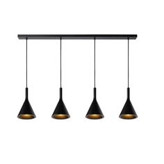 three black and gold lights hanging from a long bar with one light on the ceiling