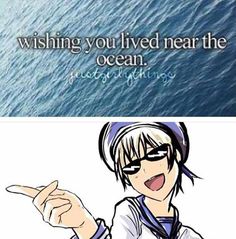 two pictures with the words, wishing you lived near the ocean and an image of a woman pointing at something