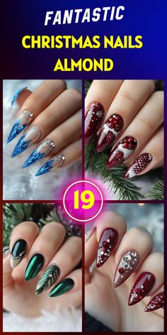 Festive almond nails for Christmas: 19 elegant designs to sparkle through the holiday season. Embrace the winter magic with these chic and sophisticated nail art ideas. From glittery red and green to subtle snowflake patterns, find your perfect festive look. Elevate your style and spread holiday cheer with these stunning almond-shaped manicures. Christmas Nail Art Almond, Xmas Nye Nails, Nail Design Almond Shape Classy, Unique Manicure Designs, Christmas Nails Designs Almond, Almond Holiday Nails Christmas, Christmas Full Set Nails, Winter Nail Ideas Almond Shape, Xmas Nails Almond Shape