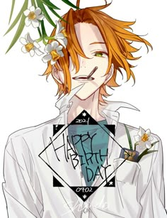 an anime character with orange hair and flowers in his hair, wearing a white shirt