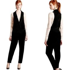 Anthropologie Harlyn Size L Black Velvet One Piece Tuxedo Jumpsuit Nwot. Notched Collar Straight Leg Sleeveless Side Zip Front Slant Pockets 92% Silk 8% Spandex Size L Measures Approx. 60" L, 17.5" W, 28" Inseam Elegant Sleeveless Jumpsuits And Rompers For Fall, Velvet One Piece, Tuxedo Jumpsuit, Notched Collar, Black Velvet, Side Zip, Pant Jumpsuit, Jumpsuit Romper, Anthropologie