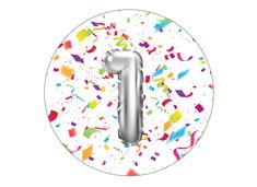 the number one balloon is surrounded by confetti and streamers on a white background